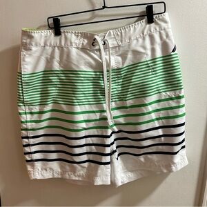 Nautica Mens Board Shorts White Green Navy Blue Striped Swim Trunks Size 36W